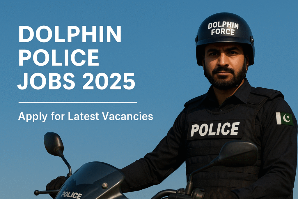 A Dolphin Police officer in uniform with a motorcycle under clear blue sky