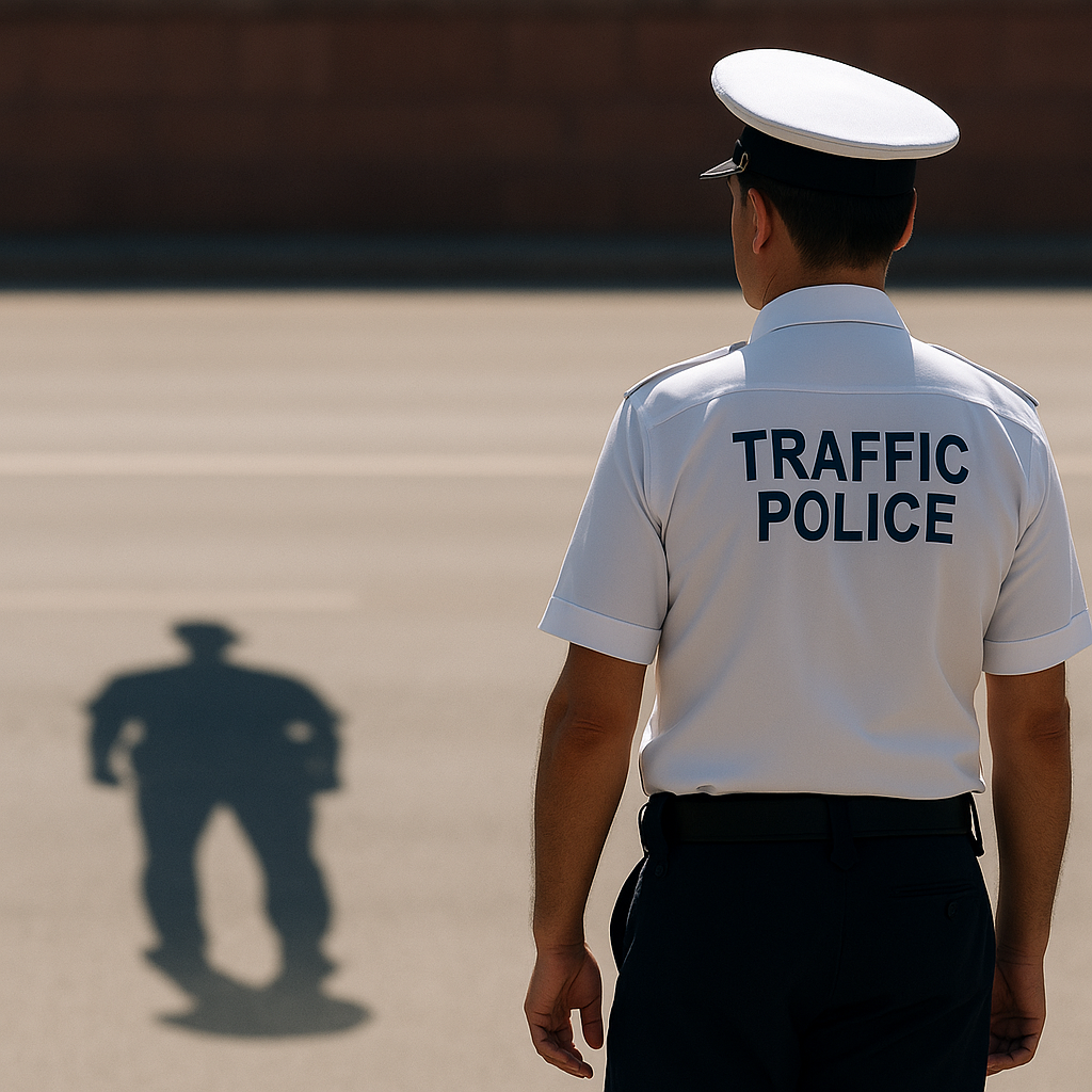 A traffic police officer standing on the road casting a long shadow