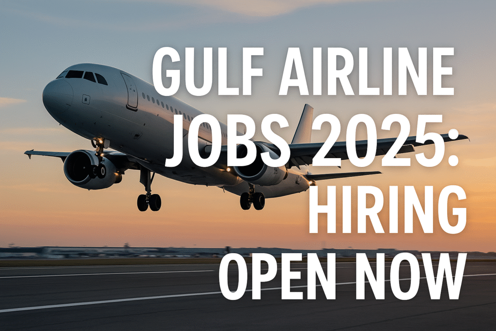 Gulf Airline Jobs 2025 featured image with airplane taking off