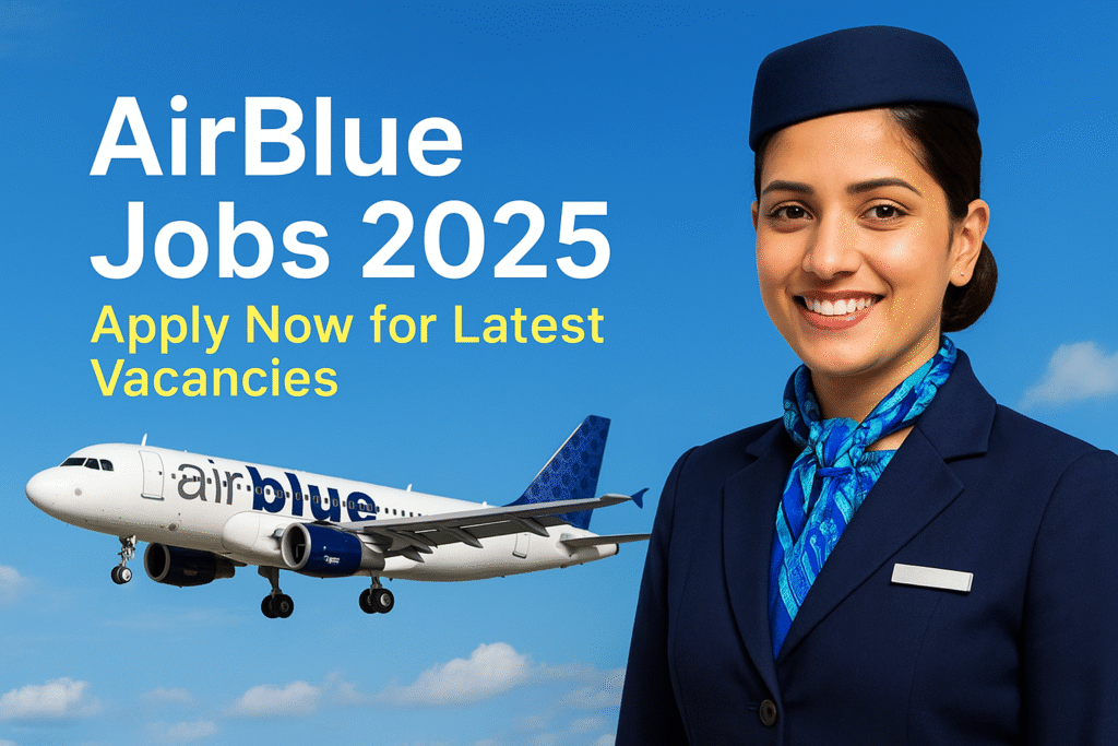 AirBlue Jobs 2025 promotional graphic with flight attendant and airplane