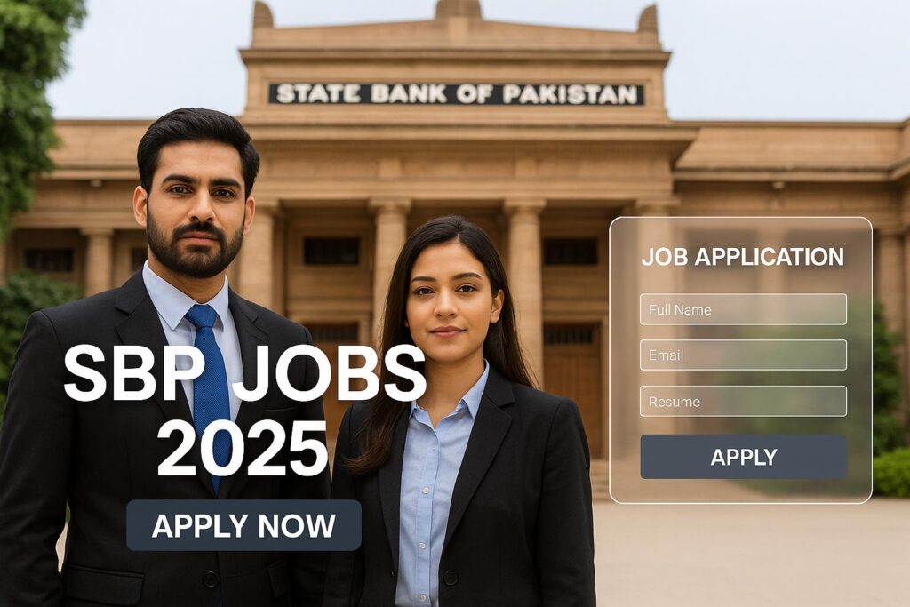 Professional man and woman in front of State Bank of Pakistan with job application overlay